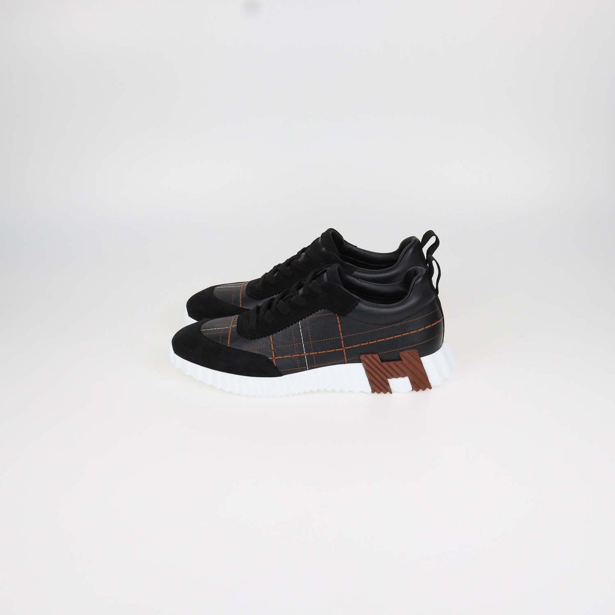 Hermes Black Leather and Suede Stitched Bouncing Sneakers