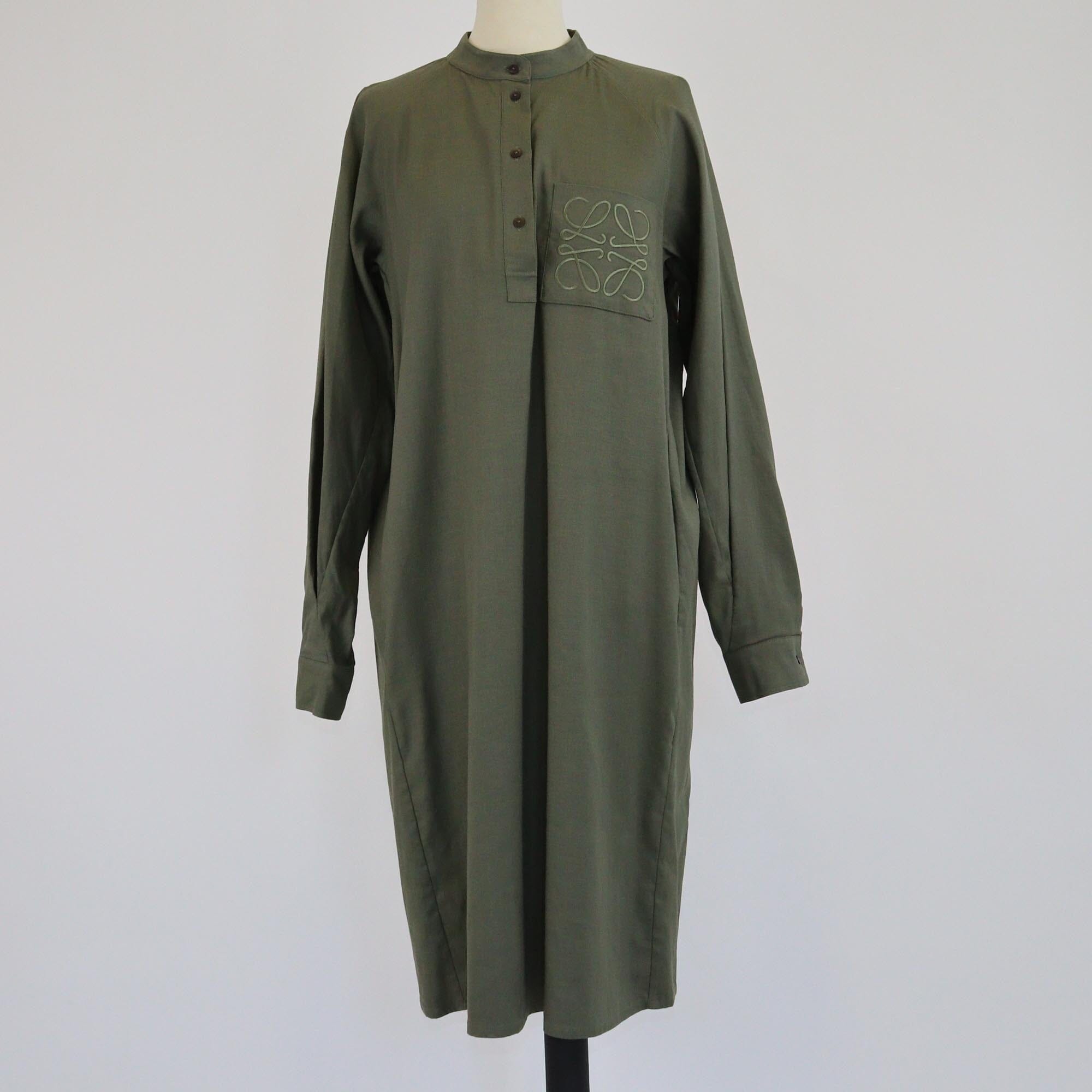 Loewe Army Green Anagram Embroidered Mandarin Collar Tunic Dress Womens Loewe 