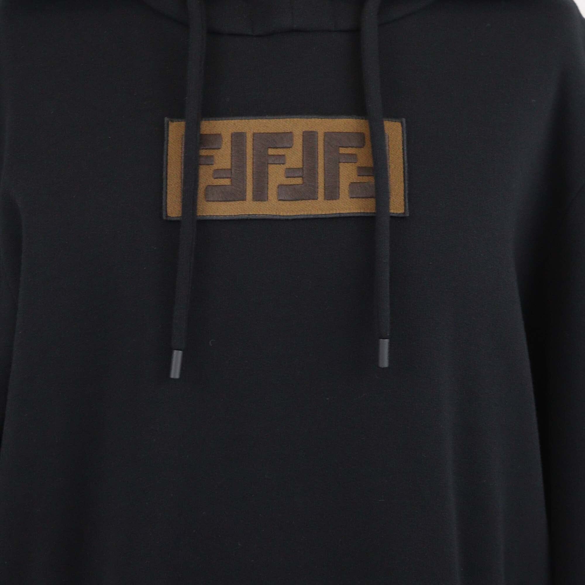 Fendi Black Blend Cotton Embroidered Patch Hoodie Sweatshirt Mens Fendi 