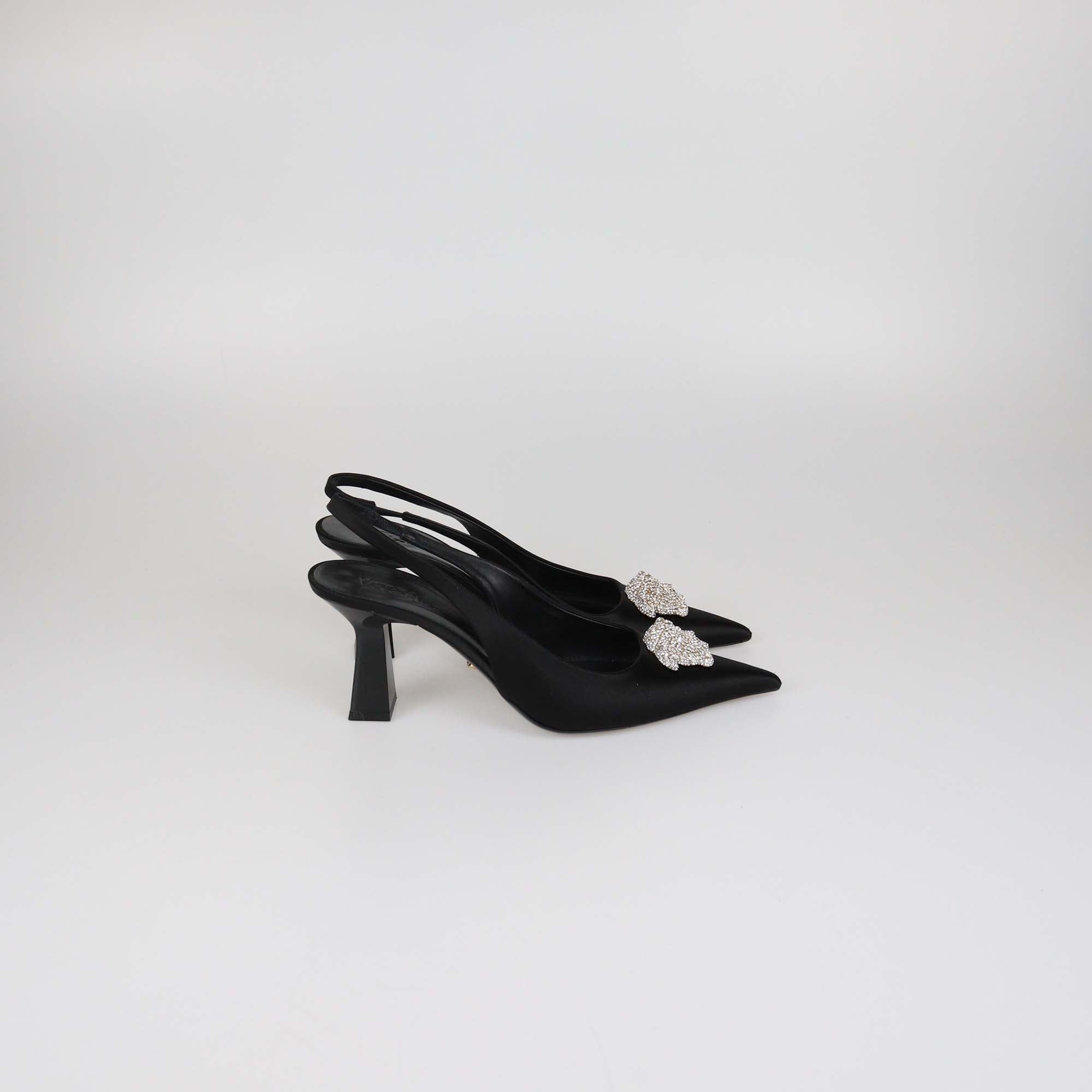 Versace Black Satin Crystal Studded La Medusa Slingback Pumps
