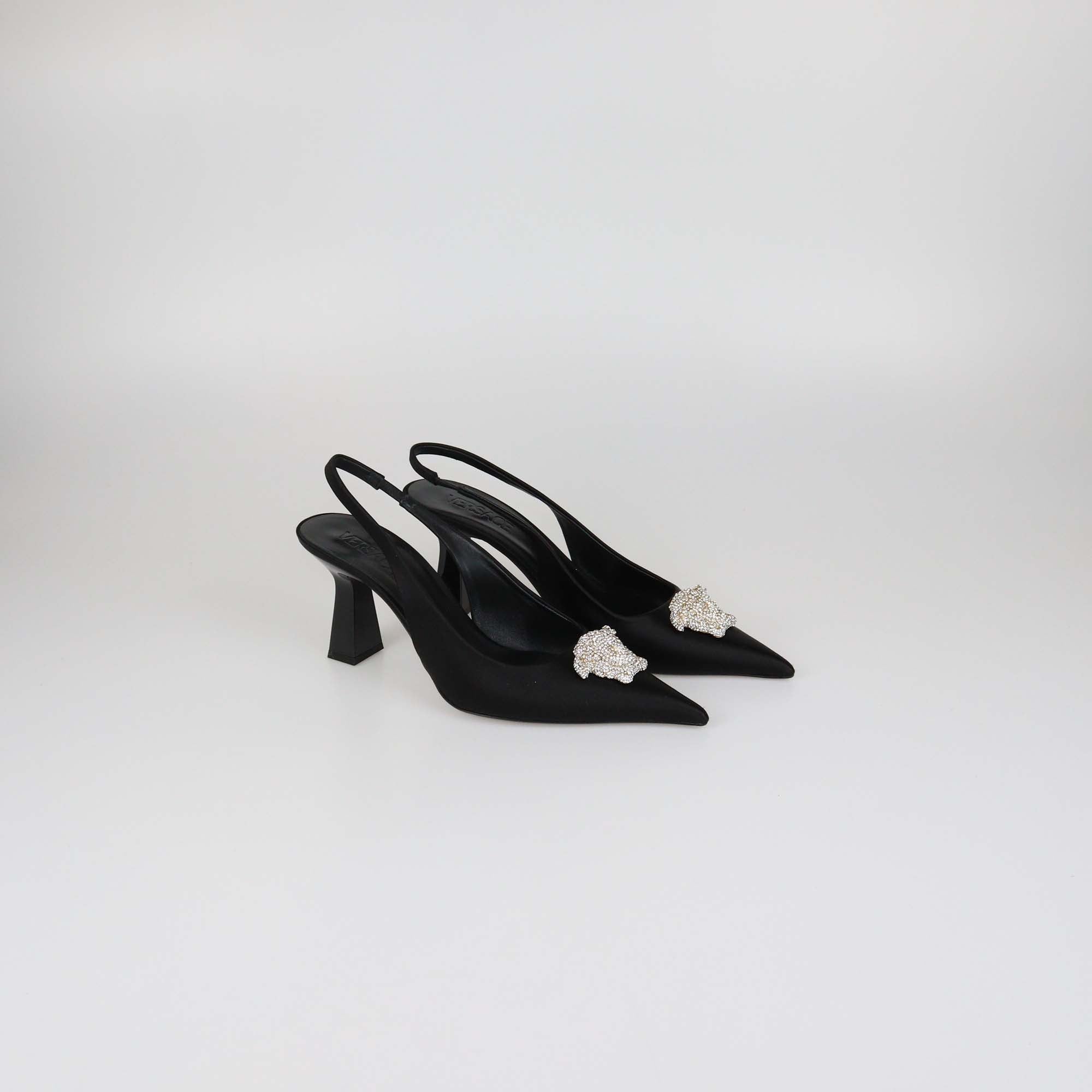 Versace Black Satin Crystal Studded La Medusa Slingback Pumps
