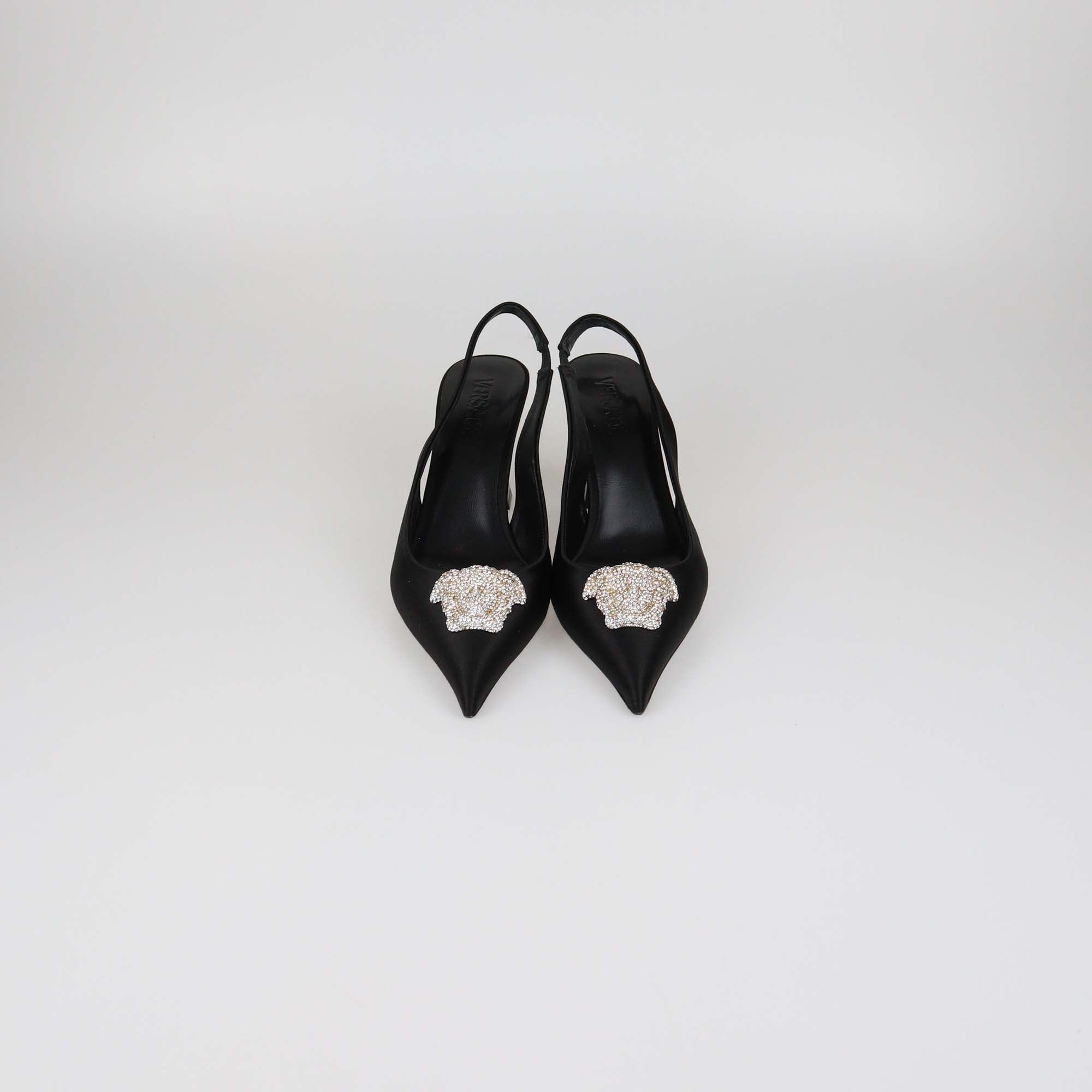 Versace Black Satin Crystal Studded La Medusa Slingback Pumps
