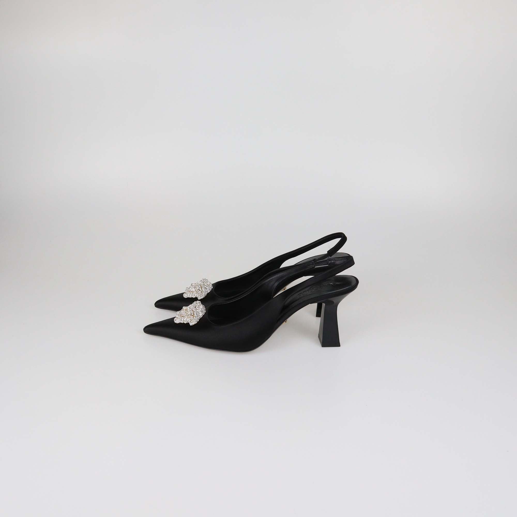 Versace Black Satin Crystal Studded La Medusa Slingback Pumps