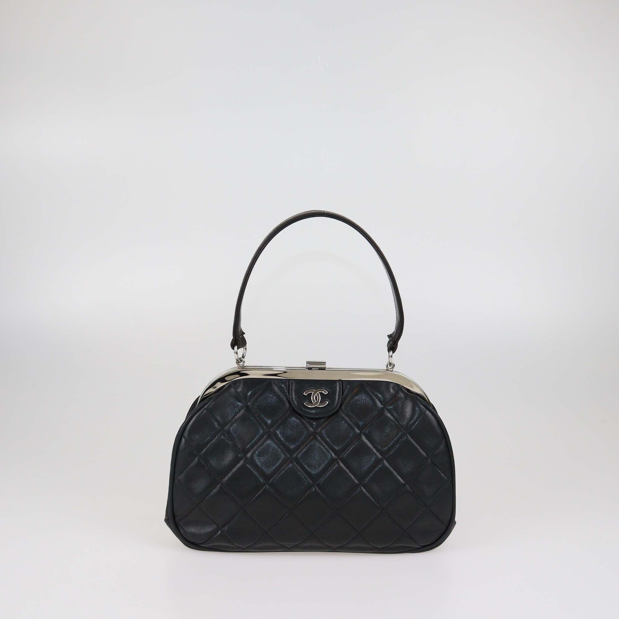 Chanel Black Lambskin CC Quilted Kiss Lock Frame Top Handle Bag
