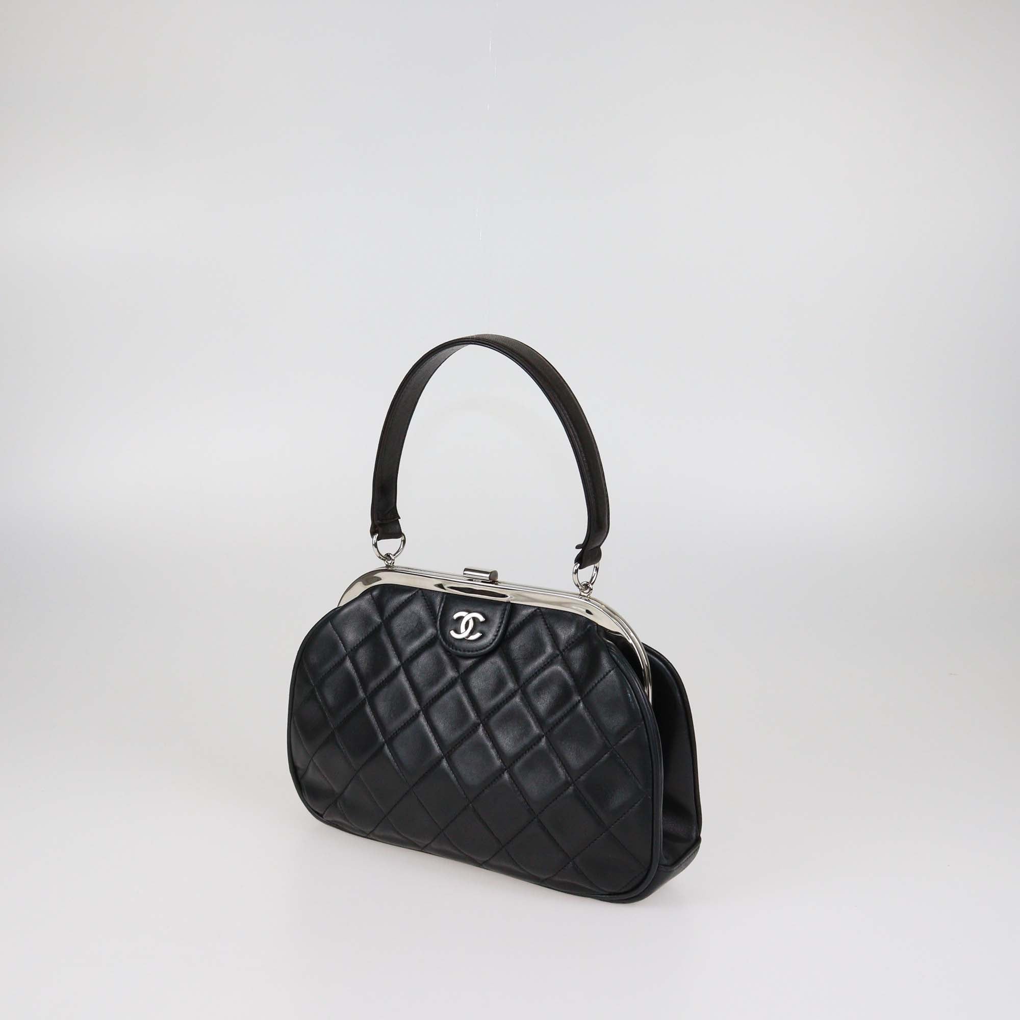 Chanel Black Lambskin CC Quilted Kiss Lock Frame Top Handle Bag