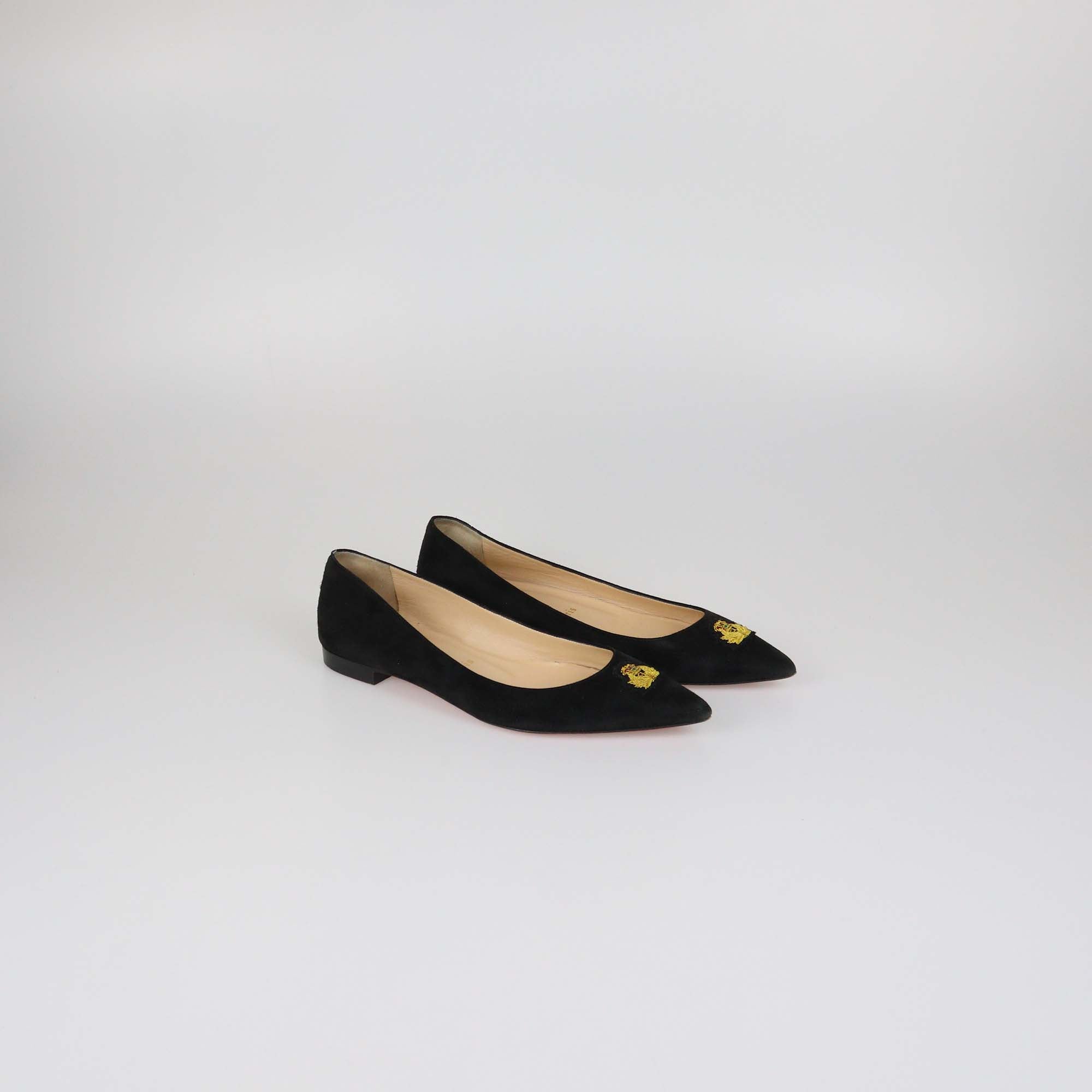 Christian Louboutin Black Suede Logo Embroidered Pointed Toe Flats