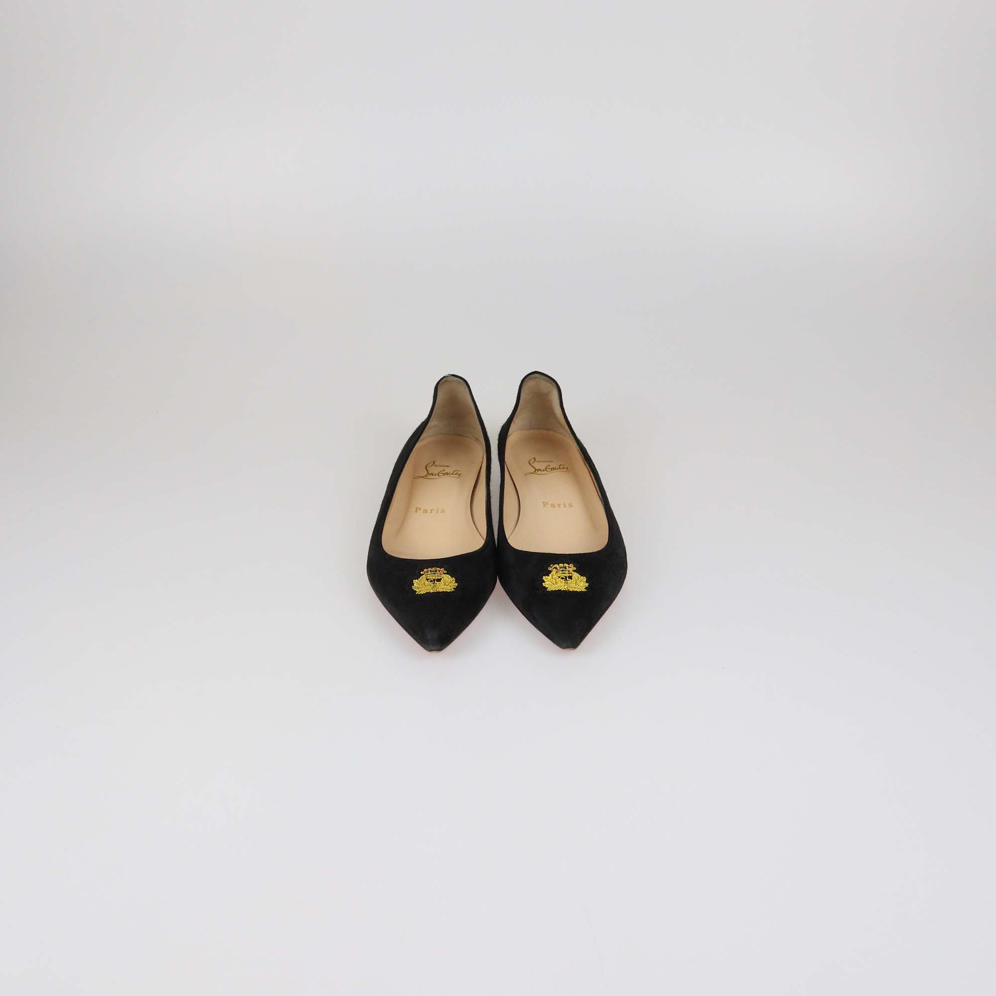 Christian Louboutin Black Suede Logo Embroidered Pointed Toe Flats