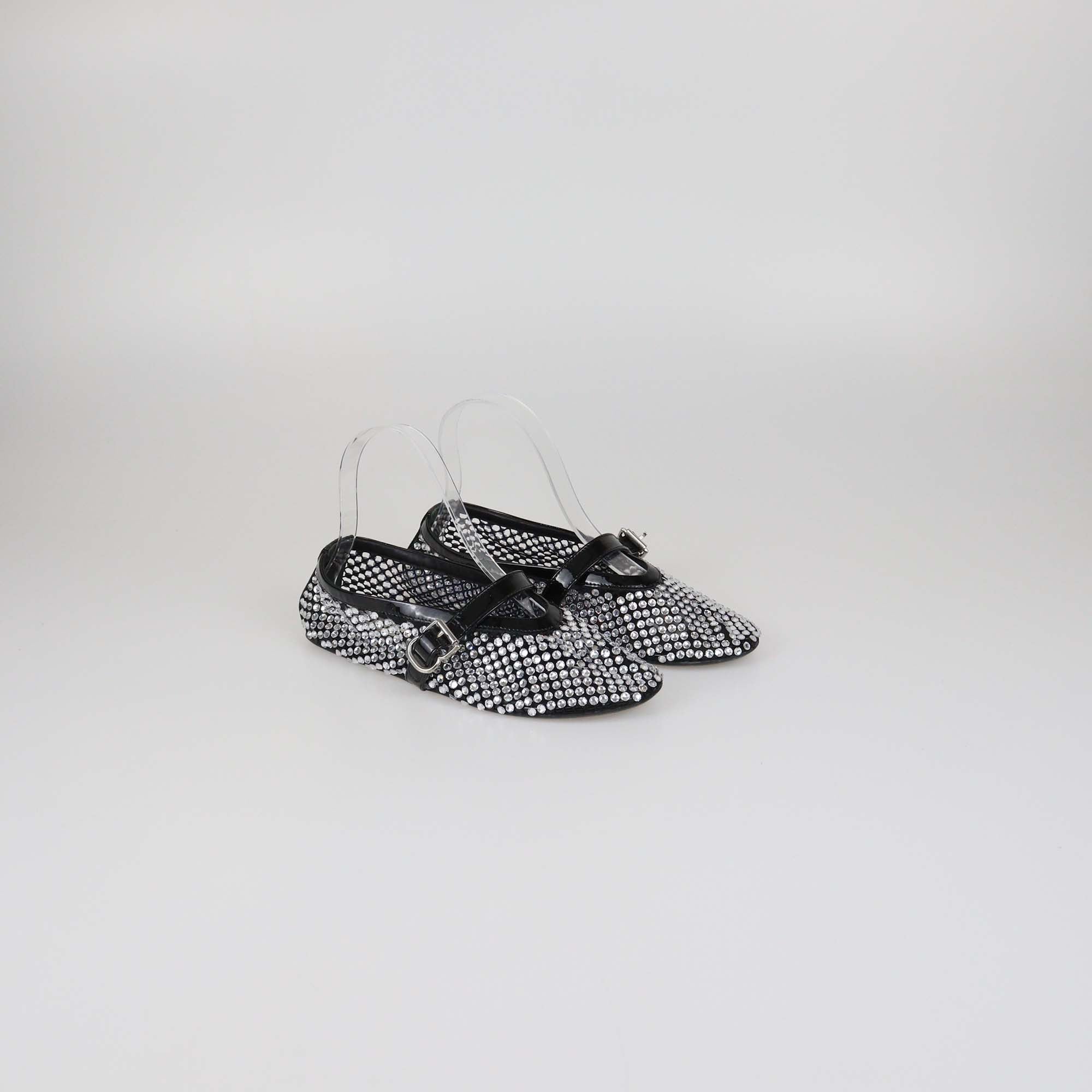 Alaia Black Crystal Embellished Mesh and Patent Leather Ballet Flats