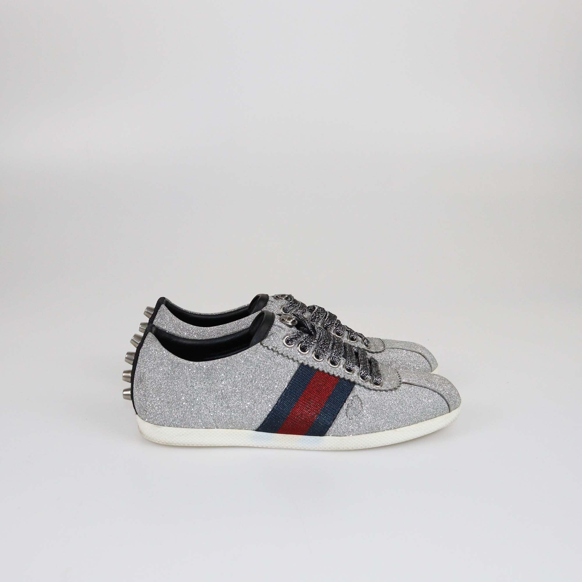 Gucci Silver Bambi Web Detail Studded Low Top Sneakers Womens Gucci 