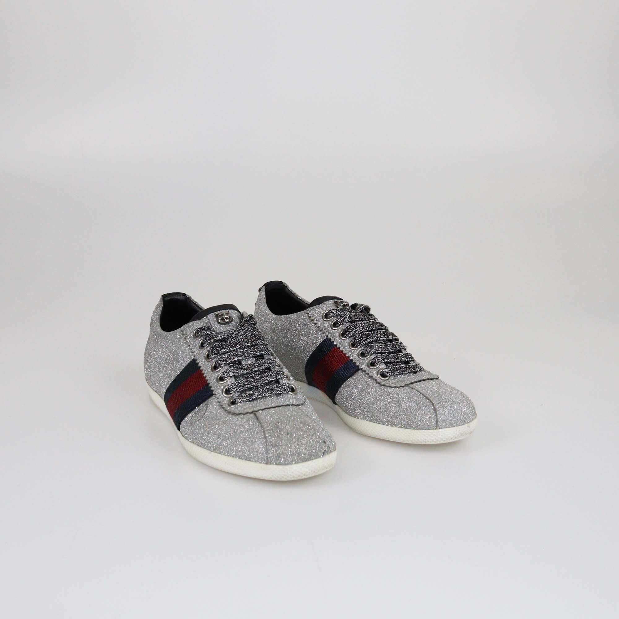 Gucci Silver Bambi Web Detail Studded Low Top Sneakers Womens Gucci 