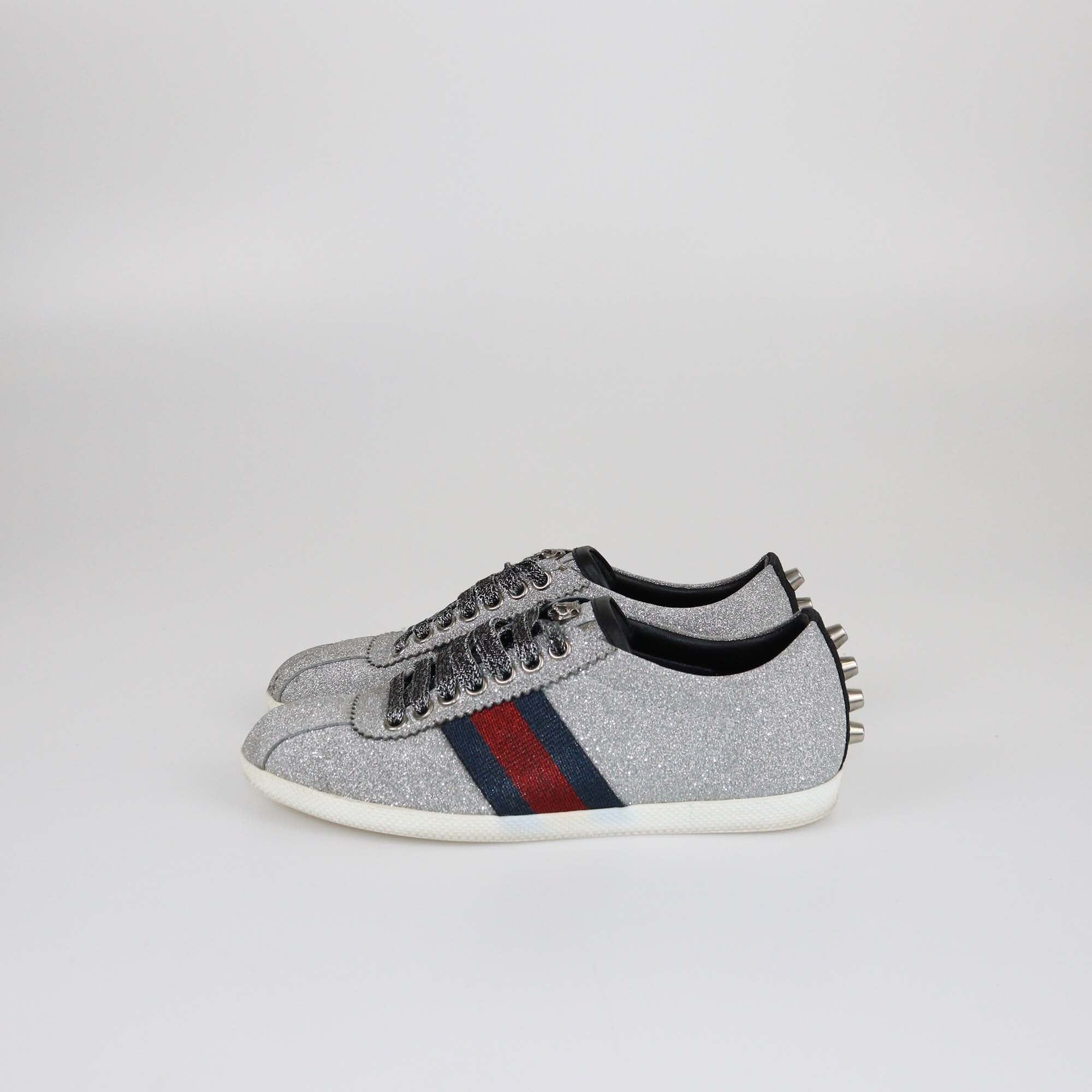 Gucci Silver Bambi Web Detail Studded Low Top Sneakers Womens Gucci 