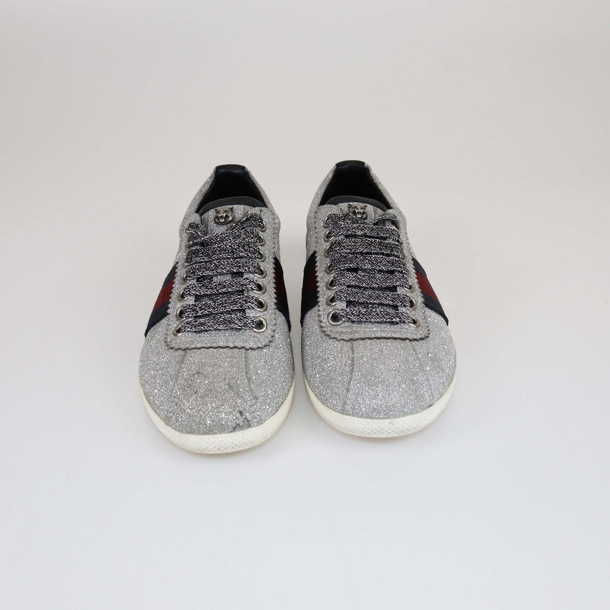 Gucci Silver Bambi Web Detail Studded Low Top Sneakers Womens Gucci 