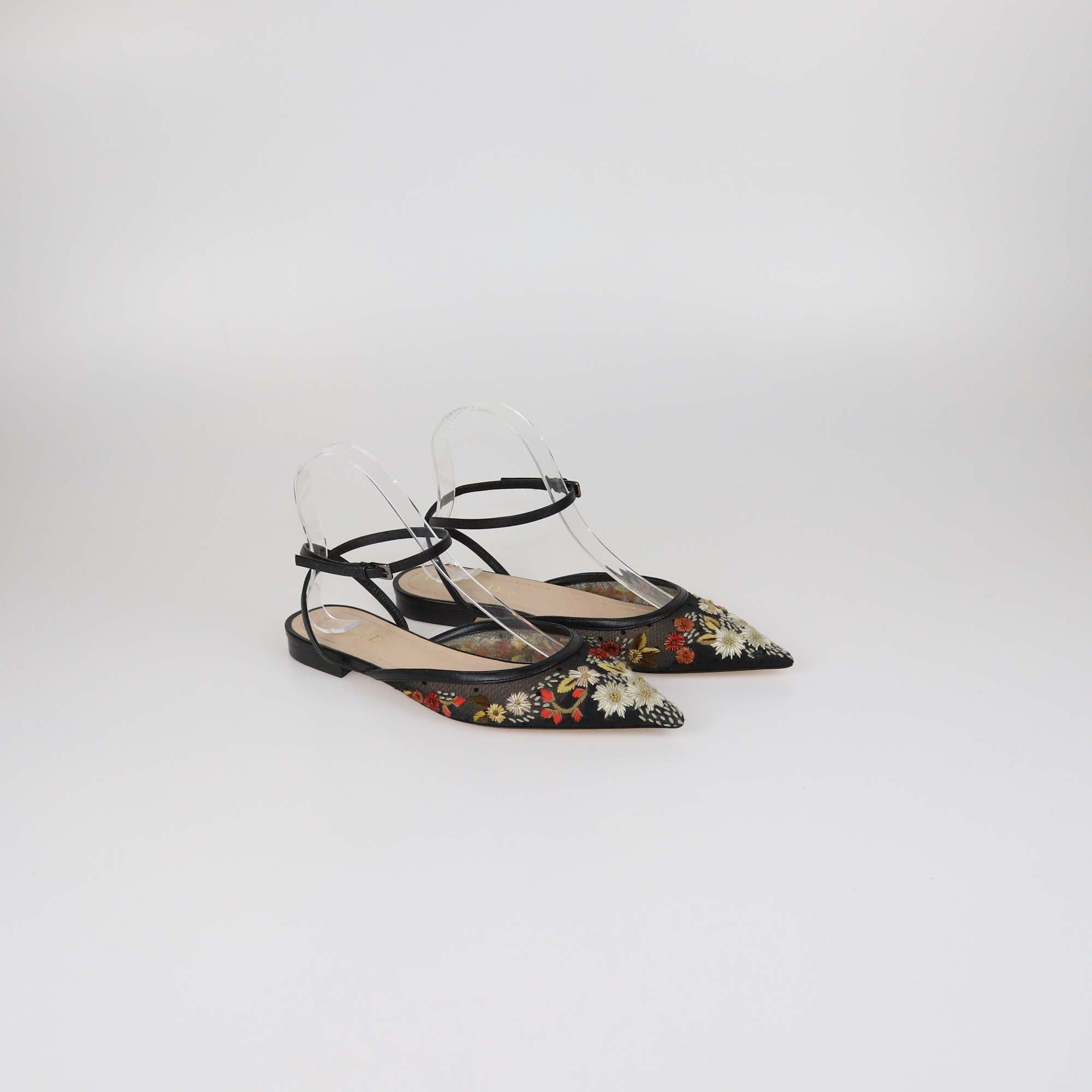 Christian Dior Black/Multicolor Mesh Floral Embroidered Ankle Strap Flats