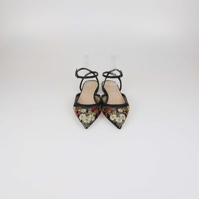 Christian Dior Black/Multicolor Mesh Floral Embroidered Ankle Strap Flats