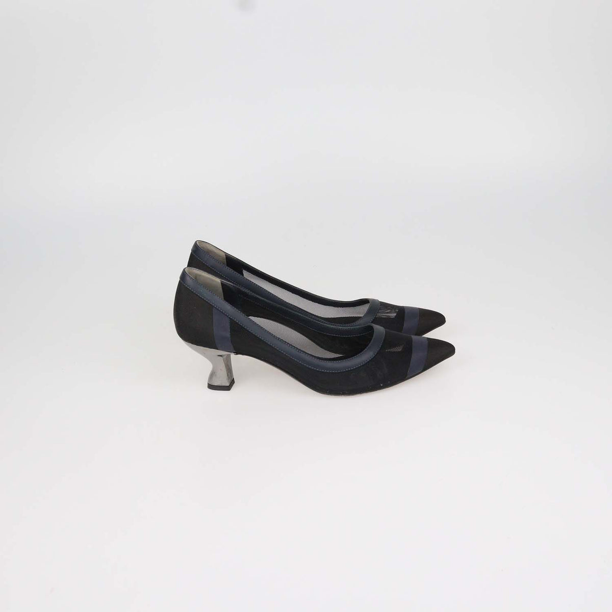 Fendi Navy Blue, Black Mesh and Leather Colibri Pointed Toe Pumps