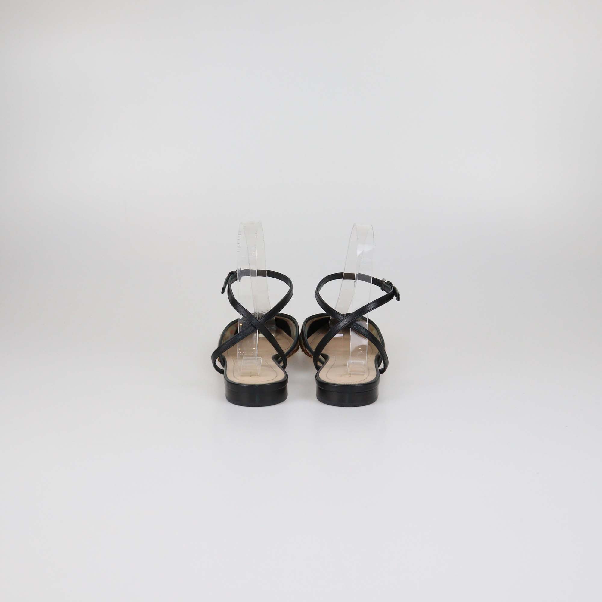 Christian Dior Black/Multicolor Mesh Floral Embroidered Ankle Strap Flats