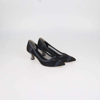 Fendi Navy Blue, Black Mesh and Leather Colibri Pointed Toe Pumps