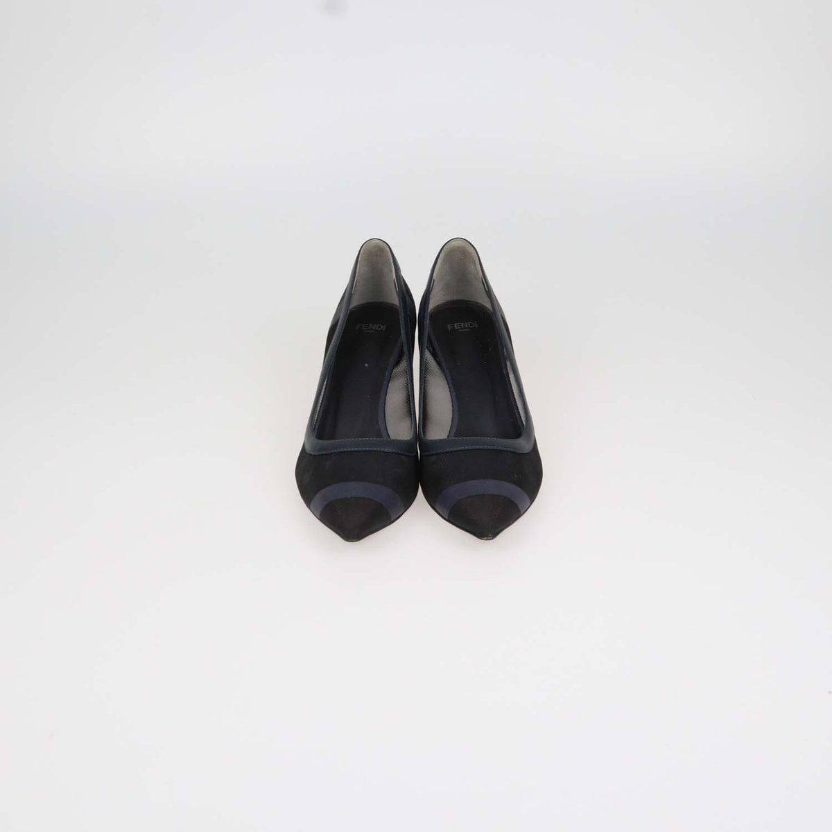 Fendi Navy Blue, Black Mesh and Leather Colibri Pointed Toe Pumps