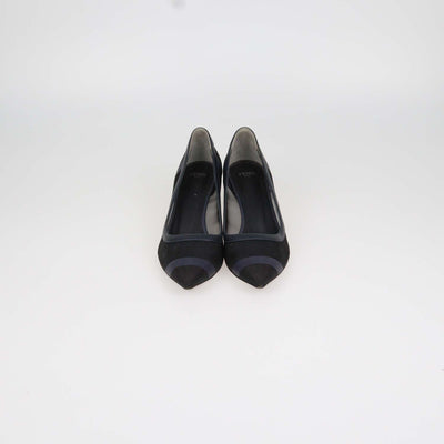 Fendi Navy Blue, Black Mesh and Leather Colibri Pointed Toe Pumps
