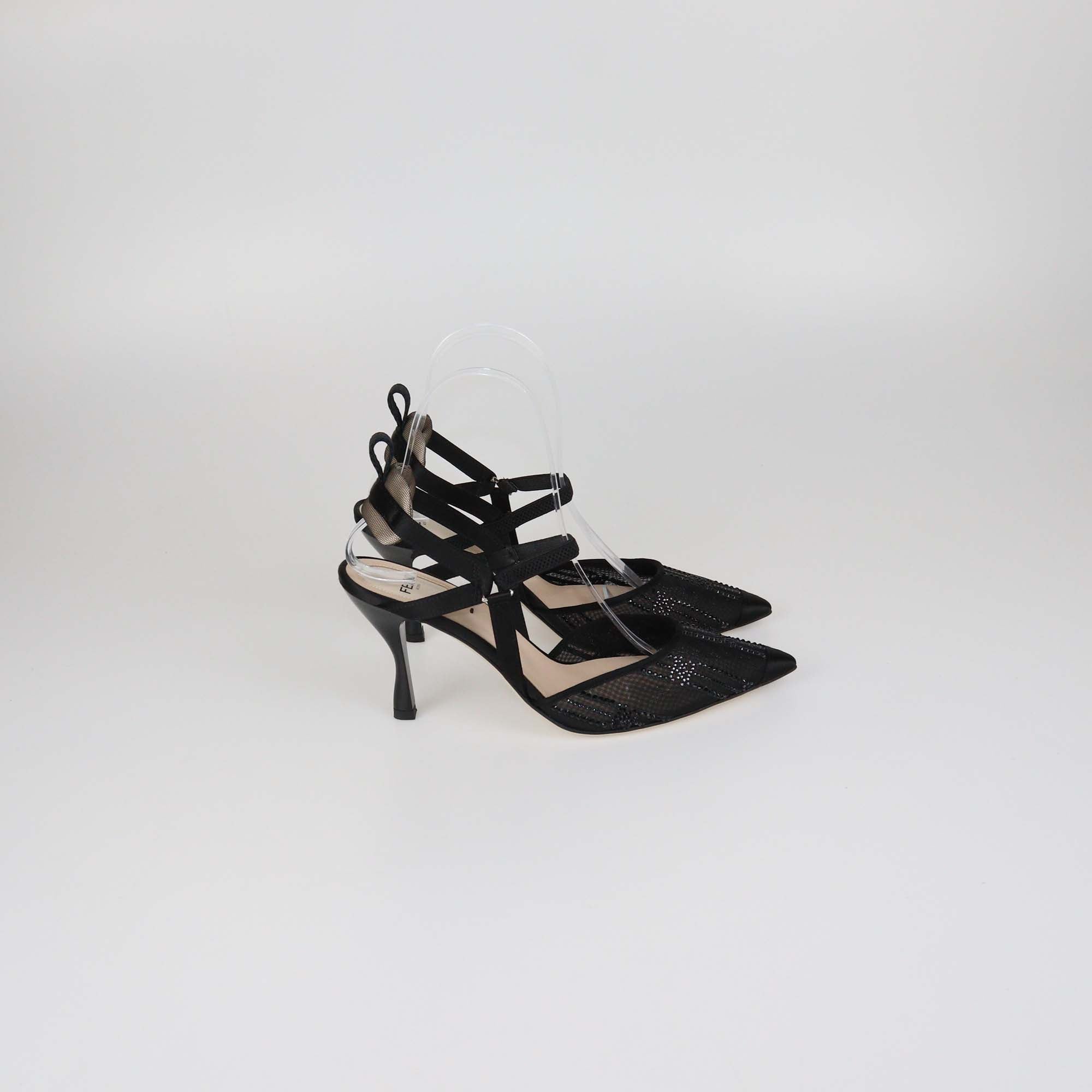 Fendi Black Mesh Crystal Embellished and Satin Colibri Ankle Strap Pumps