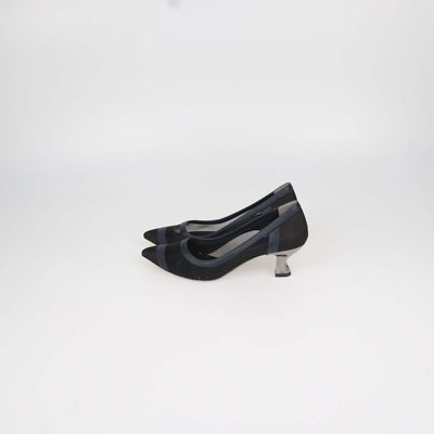 Fendi Navy Blue, Black Mesh and Leather Colibri Pointed Toe Pumps