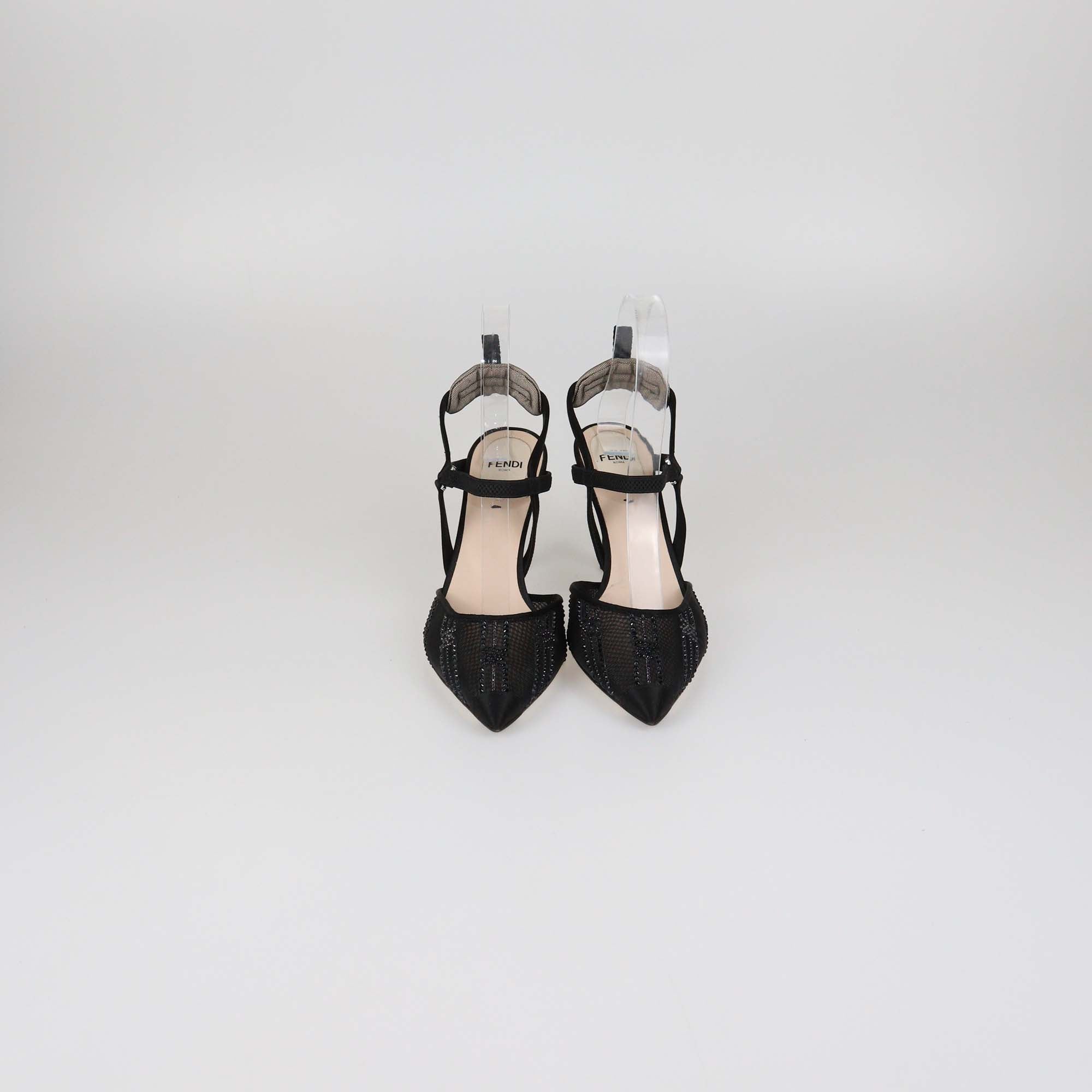 Fendi Black Mesh Crystal Embellished and Satin Colibri Ankle Strap Pumps
