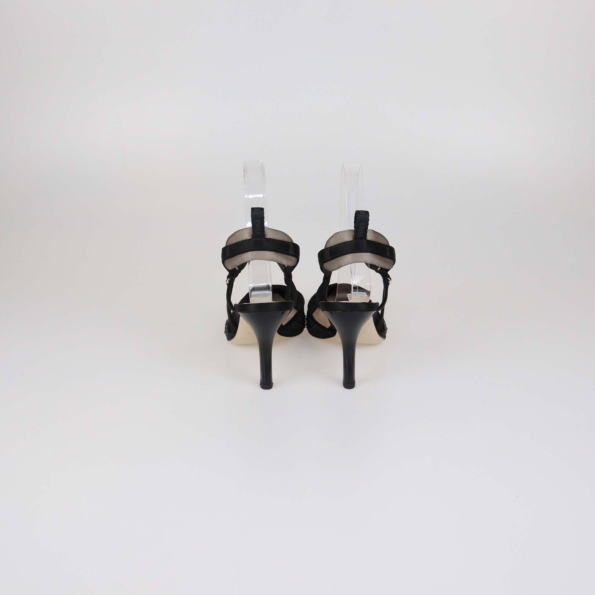 Fendi Black Mesh Crystal Embellished and Satin Colibri Ankle Strap Pumps