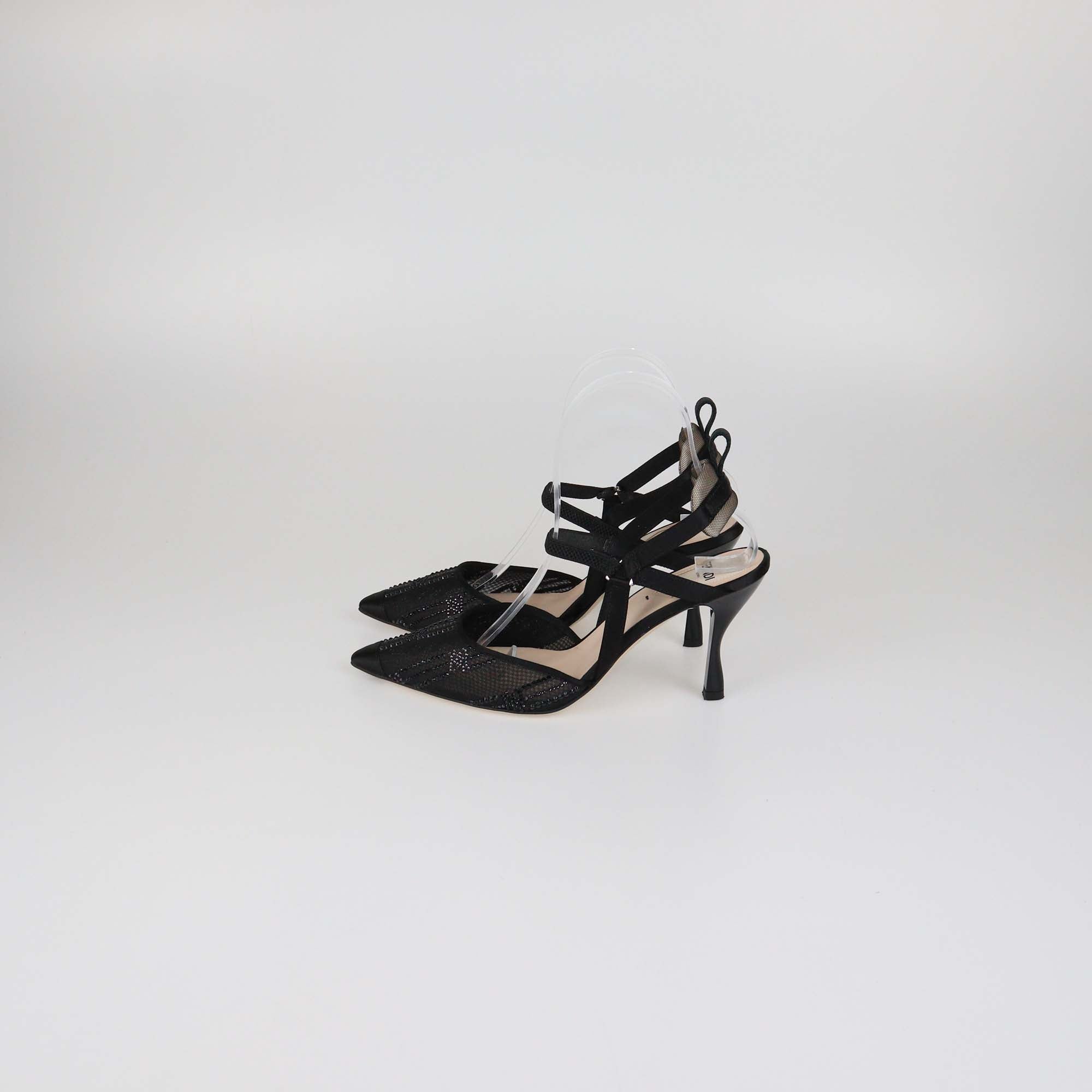 Fendi Black Mesh Crystal Embellished and Satin Colibri Ankle Strap Pumps