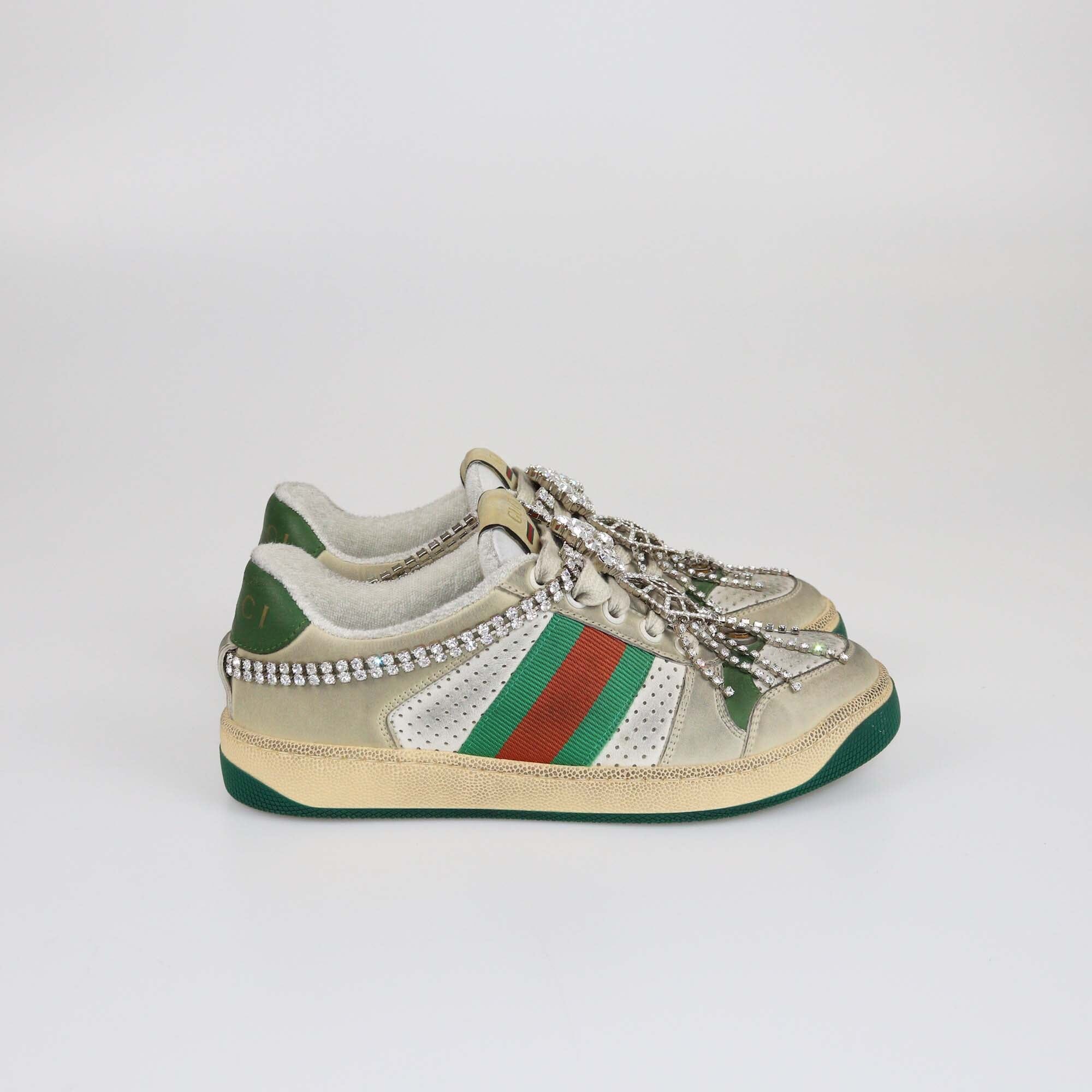 Gucci Green Crystal Embellished Screener Trainer Sneakers Womens Gucci 