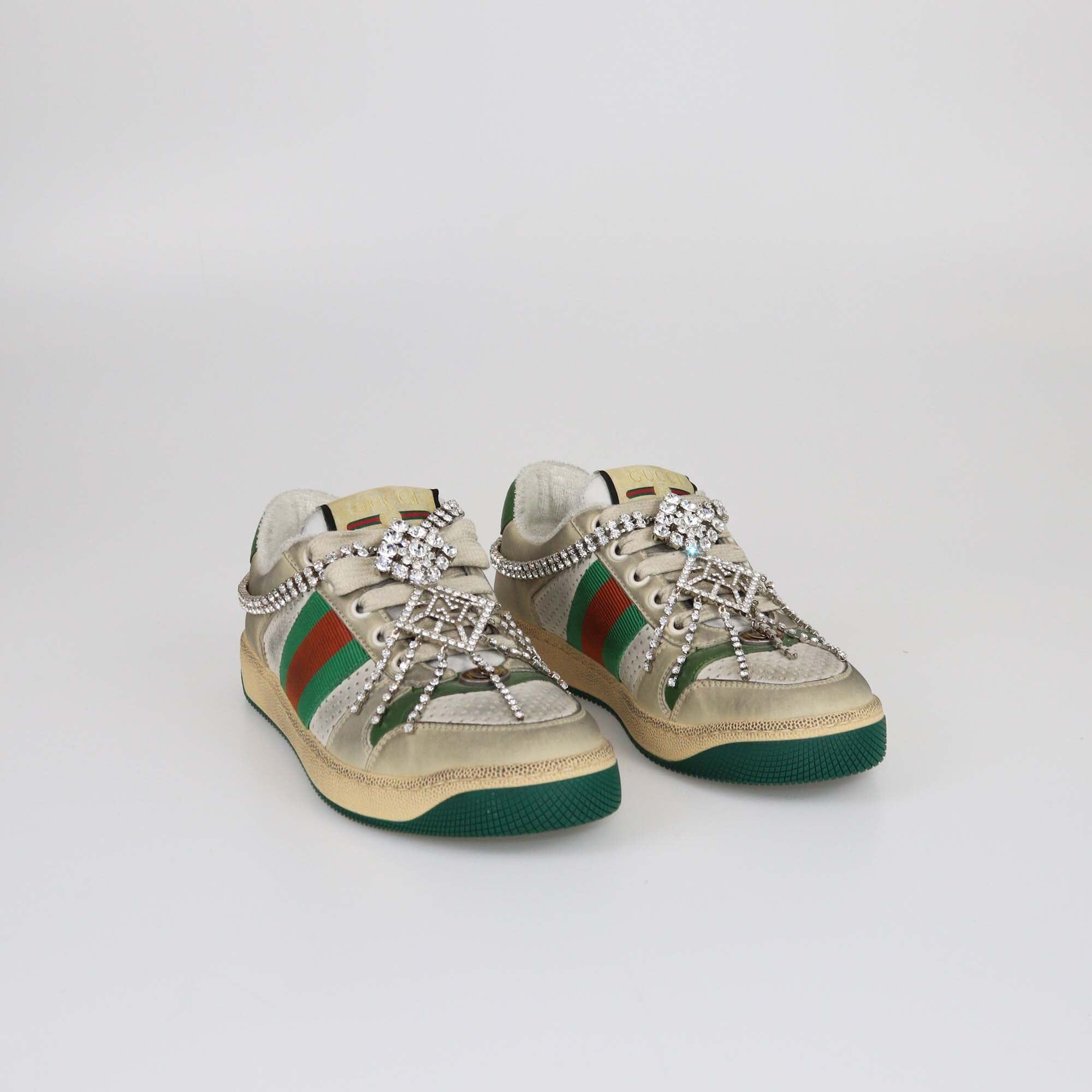 Gucci Green Crystal Embellished Screener Trainer Sneakers Womens Gucci 