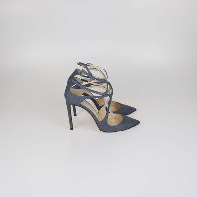 Jimmy Choo Blue Glitter Leather Lancer Pumps