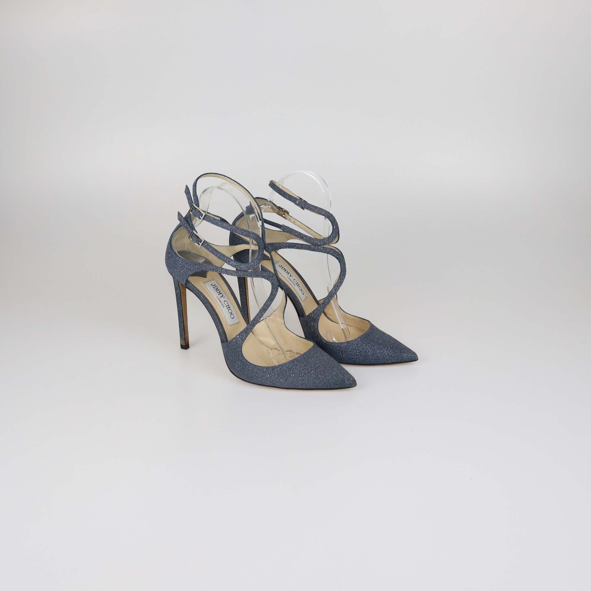 Jimmy Choo Blue Glitter Leather Lancer Pumps