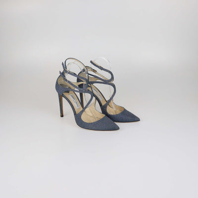 Jimmy Choo Blue Glitter Leather Lancer Pumps