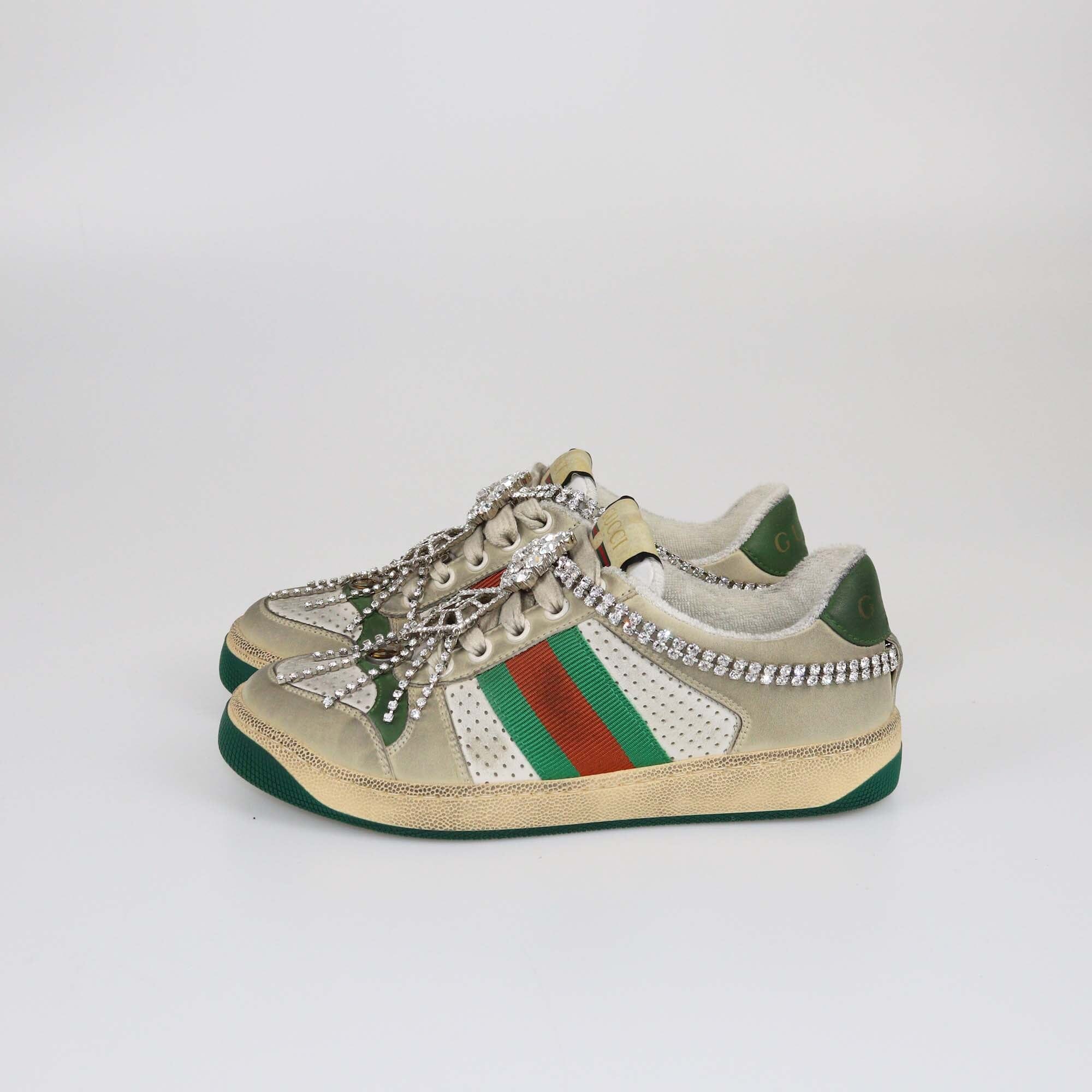 Gucci Green Crystal Embellished Screener Trainer Sneakers Womens Gucci 