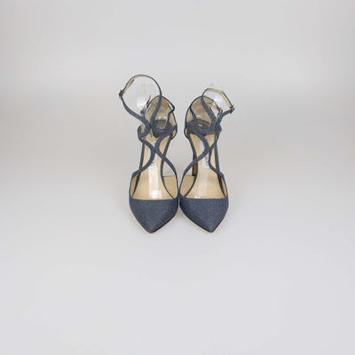 Jimmy Choo Blue Glitter Leather Lancer Pumps