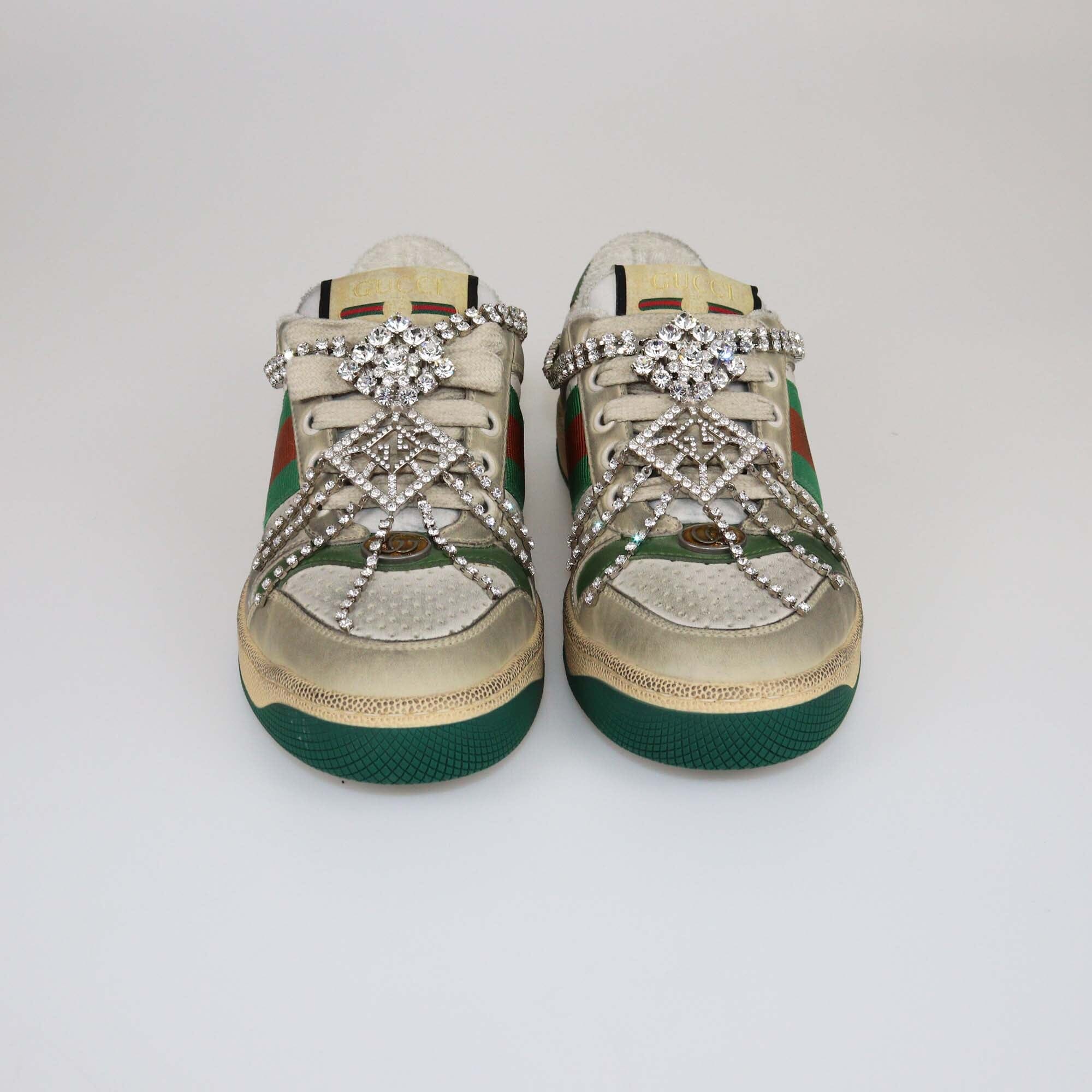 Gucci Green Crystal Embellished Screener Trainer Sneakers Womens Gucci 