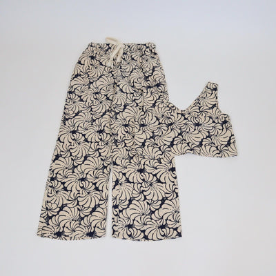 Staud Cream/Dark Blue Floral Printed Sleevless V Neck Top & Drawstring Straight Leg Pants Set Womens Staud 