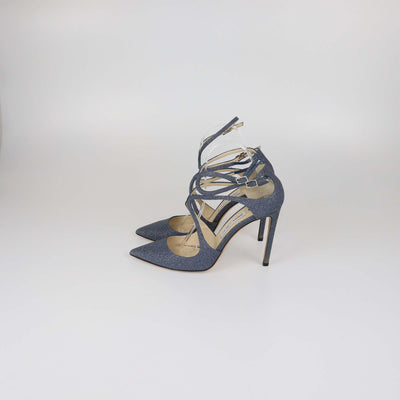 Jimmy Choo Blue Glitter Leather Lancer Pumps