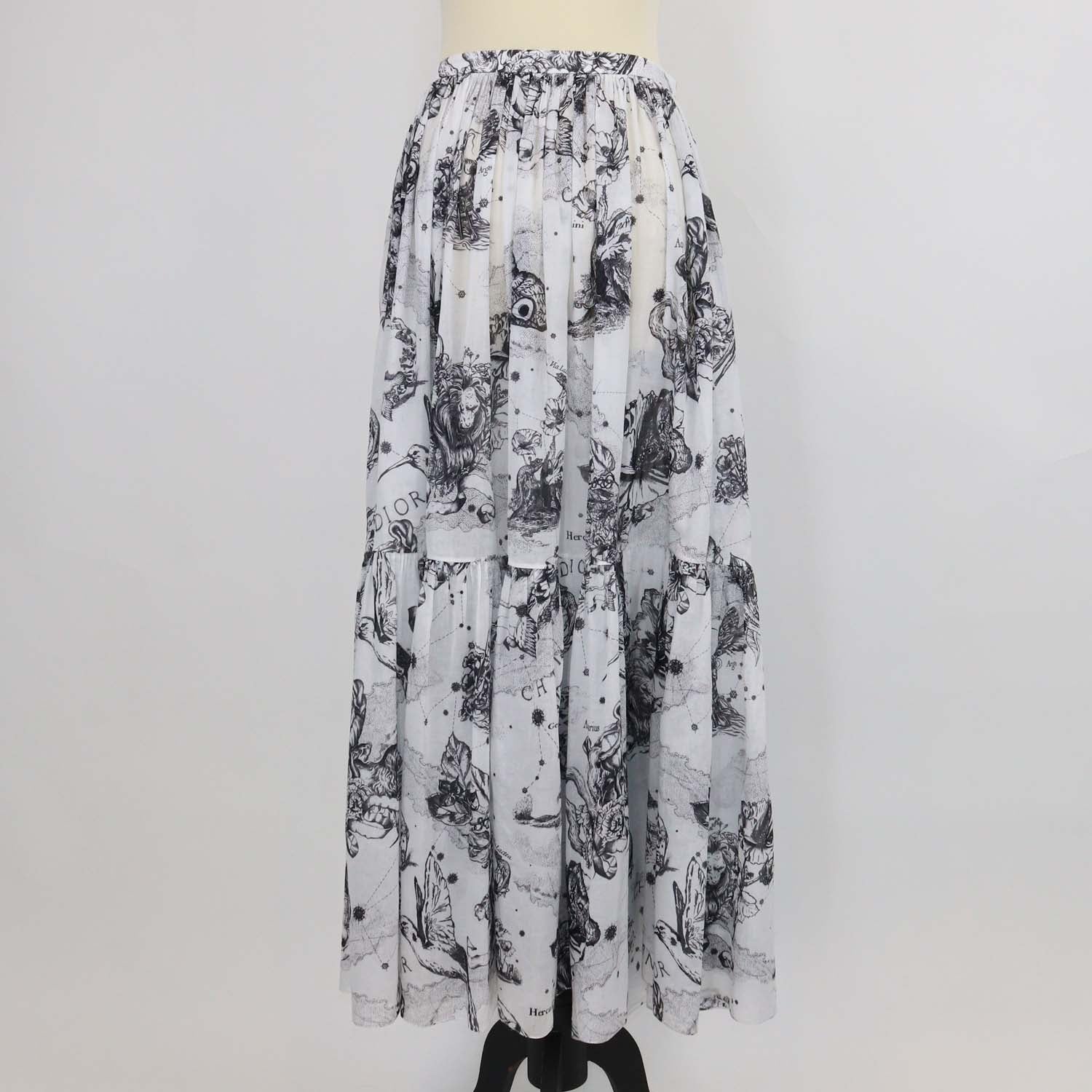 Christian Dior White/Black Toile Zodiac Printed Cotton Flared Skirt