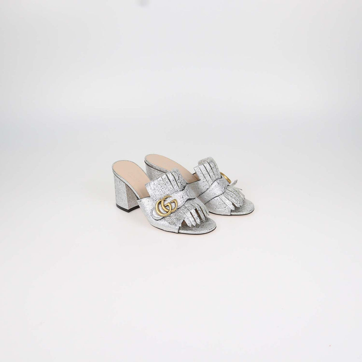 Gucci Silver Foil Leather GG Marmont Fringed Mules