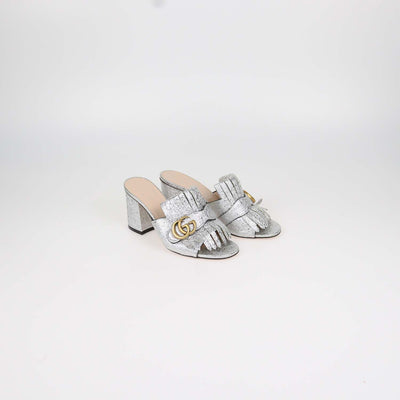 Gucci Silver Foil Leather GG Marmont Fringed Mules