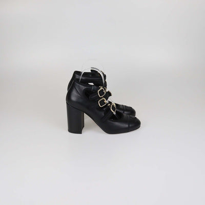 Chanel Black Leather Multi Strap Mary Jane CC Cap Toe Pumps