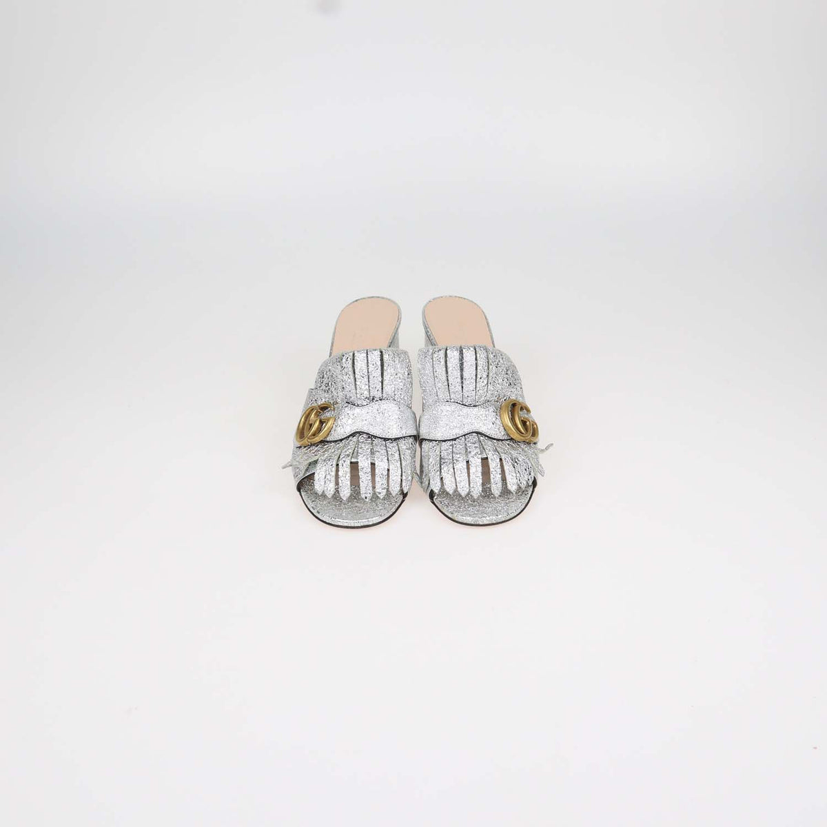 Gucci Silver Foil Leather GG Marmont Fringed Mules