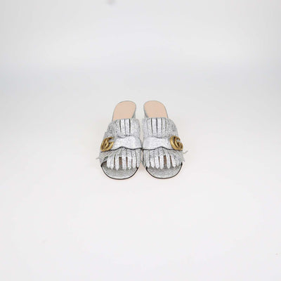 Gucci Silver Foil Leather GG Marmont Fringed Mules