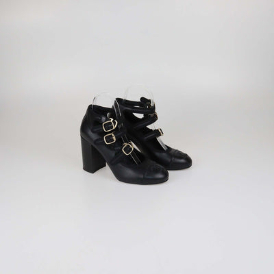 Chanel Black Leather Multi Strap Mary Jane CC Cap Toe Pumps