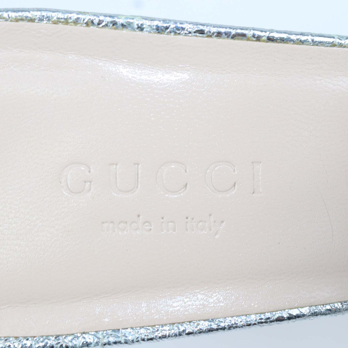 Gucci Silver Foil Leather GG Marmont Fringed Mules