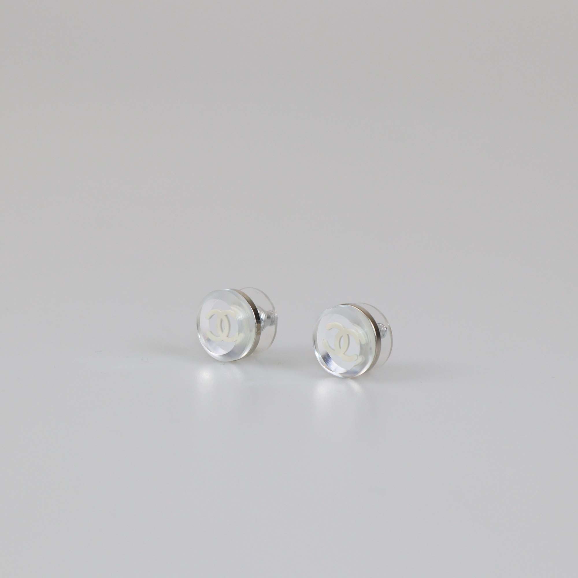 Chanel Silver Plated Resin CC Round Push Back Earrings