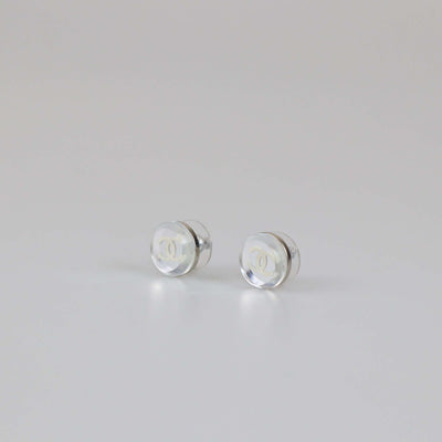 Chanel Silver Plated Resin CC Round Push Back Earrings