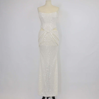 Oh Polly Ivory Sequin Beaded Off Shoulder Cut Out Midi Dress