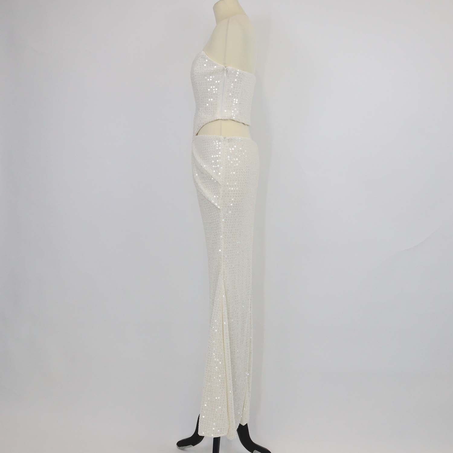 Oh Polly Ivory Sequin Beaded Off Shoulder Cut Out Midi Dress